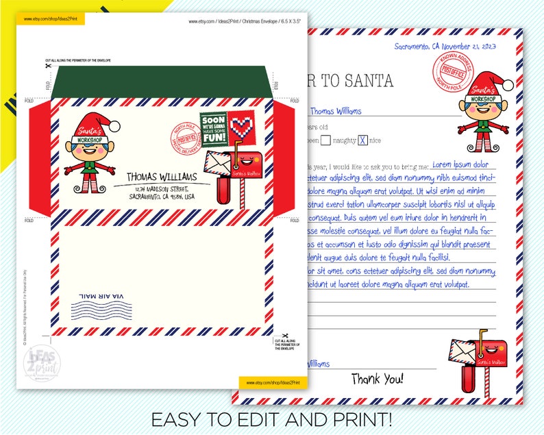 May include: A printable Christmas envelope and letter to Santa Claus. The envelope features a Santa's Workshop elf design, red and blue stripes, and a mailbox illustration. The letter includes a space for the child's name and a section to list gift requests.