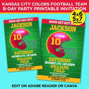 Kansas City Colors Football Team Birthday Party Printable Invitation - Red & Gold Invite Template - EDIT With Adobe Reader Or Canva