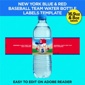 Etiquetas para botellas de agua para fiestas del equipo de béisbol de Nueva York - Decoración de cumpleaños azul y roja de Nueva York - EDITAR USTED MISMO en casa con Adobe Reader