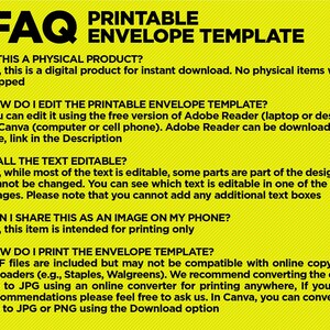Puede incluir: Un fondo amarillo con texto negro que describe las preguntas frecuentes sobre una plantilla de sobre imprimible. El texto incluye preguntas sobre si el producto es f&iacute;sico, c&oacute;mo editar la plantilla, si todo el texto es editable, si se puede compartir como imagen y c&oacute;mo imprimir la plantilla.