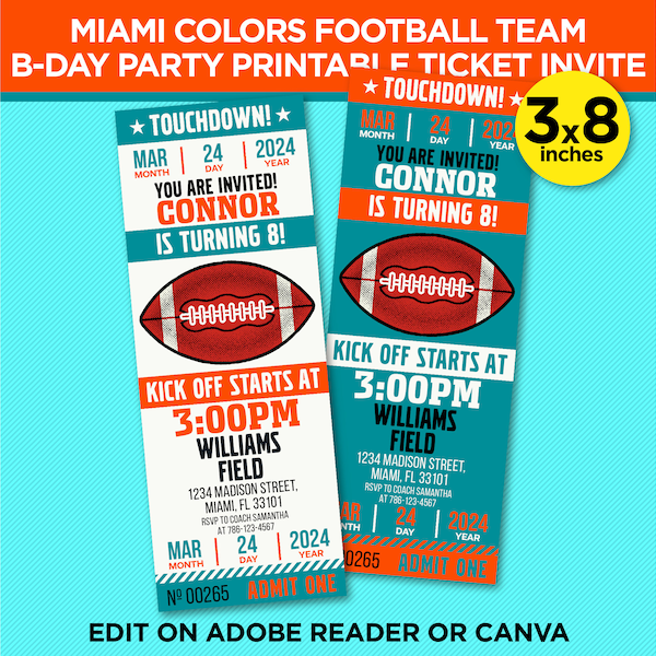 Miami Colors Football Team Birthday Party Printable Invitation - Aqua & Orange Ticket Template - EDIT At Home With Adobe Reader Or Canva