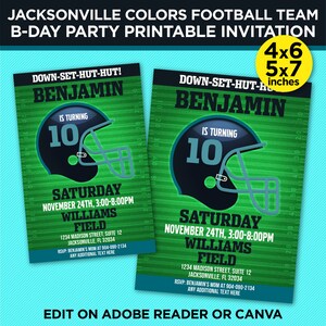 Jacksonville Colors Football Team Birthday Party Printable Invitation - Teal & Black Invite Template - EDIT With Adobe Reader Or Canva