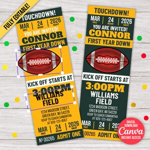 Green Bay Football Birthday Invitation | Green & Gold Vintage Ticket Template | Fully Editable in Canva