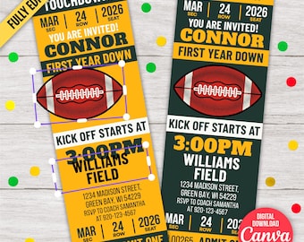 Invitación de cumpleaños de fútbol de Green Bay / Plantilla de boleto vintage verde y dorado / Totalmente editable en Canva