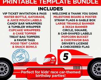 May include: Printable template bundle for a race car themed birthday party. Includes VIP ticket invitation, water bottle labels, candy bar wrappers, cupcake wrappers, treat bag toppers, food tent cards, and snack bowls. Also includes welcome and thank you signs, milestone board, straw flags, gable box, large triangle banner, circle, square, and car-shaped labels, popcorn bucket, chip/favor bag, driver's license, and checkered flag.  Easy to edit on Adobe Reader or Canva.