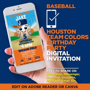 May include: A digital invitation for a baseball-themed birthday party. The invitation features a cartoon baseball player holding a baseball with the name "Jake" and the number "5" on it. The invitation is for a party on September 24th from 4-8pm at Wilson Field in Houston, Texas. The invitation also includes the text "Houston Team Colors Birthday Party" and "Digital Invitation".