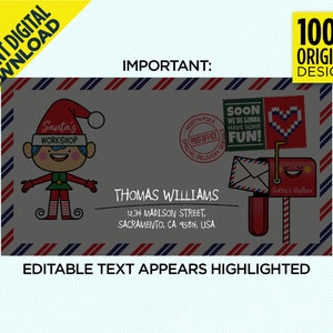 Puede incluir: Un dise&ntilde;o de tarjeta de Navidad imprimible con un duende de dibujos animados con un gorro rojo y un atuendo verde. La tarjeta tiene un borde a rayas rojo, blanco y azul e incluye el texto "Santa's Workshop". La tarjeta tambi&eacute;n presenta un buz&oacute;n rojo con una cara sonriente y el texto "Santa's Mailbox".