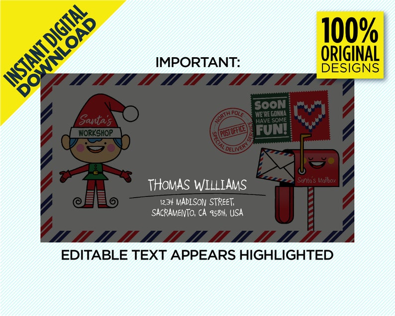Puede incluir: Un dise&ntilde;o de tarjeta de Navidad imprimible con un duende de dibujos animados con un gorro rojo y un atuendo verde. La tarjeta tiene un borde a rayas rojo, blanco y azul e incluye el texto "Santa's Workshop". La tarjeta tambi&eacute;n presenta un buz&oacute;n rojo con una cara sonriente y el texto "Santa's Mailbox".