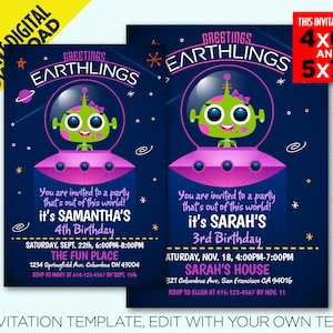 May include: A printable invitation template featuring a cartoon alien girl in a spaceship. The text reads "Greetings Earthlings!" and includes the name "Samantha" and the phrase "It's Samantha's 4th Birthday". The invitation is available in 4x6" and 5x7" sizes.
