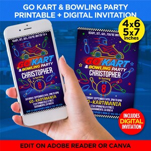 Go Kart & Bowling Party Printable + Digital Invitation - Boys And Girls Go Kart And Bowling Bday Party - EDIT With Adobe Reader Or Canva
