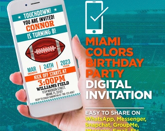 Miami Football Team Colors Birthday Party Digital Invitation - Aqua & Orange Evite - EDIT With Adobe Reader Or Canva, Share On WhatsApp