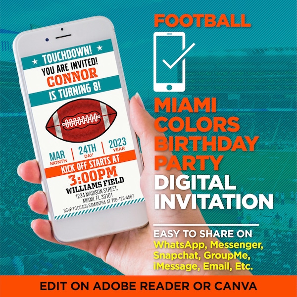 Miami Football Team Colors Birthday Party Digital Invitation - Aqua & Orange Evite - EDIT With Adobe Reader Or Canva, Share On WhatsApp