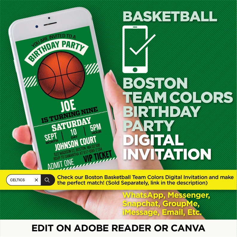 Boston Basketball Team Colors Printable Ticket Invitation Green & White Invite Template EDIT YOURSELF At Home With Adobe Reader Or Canva image 8