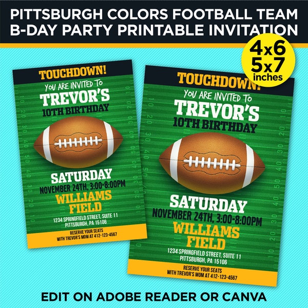 Pittsburgh Colors Football Team Birthday Party Printable Invitation - Gold & Black Invite Template - EDIT At Home With Adobe Reader Or Canva