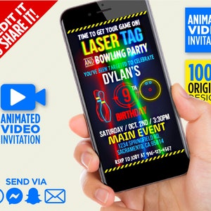 Laser Tag & Bowling Birthday Invite | Animated Video | Share on WhatsApp | Glow Party for Teens