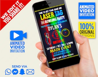 Lasergame en bowlingfeest video-uitnodiging, jongens & meisjes Lasergame en bowling verjaardagsfeestje video-uitnodiging, wij bewerken het, jij deelt het