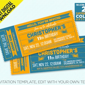 Ticket Birthday Party Printable Invitation, Instant Digital Download, Edit Yourself At Home With Adobe Reader