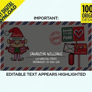 Op de afbeelding: Een afdrukbare kerstkaart met een cartoon-elf met een rode muts en een brievenbus met een hartvormige stempel. De tekst op de kaart luidt "Santa's Workshop" en "Soon we're gonna have some fun!"