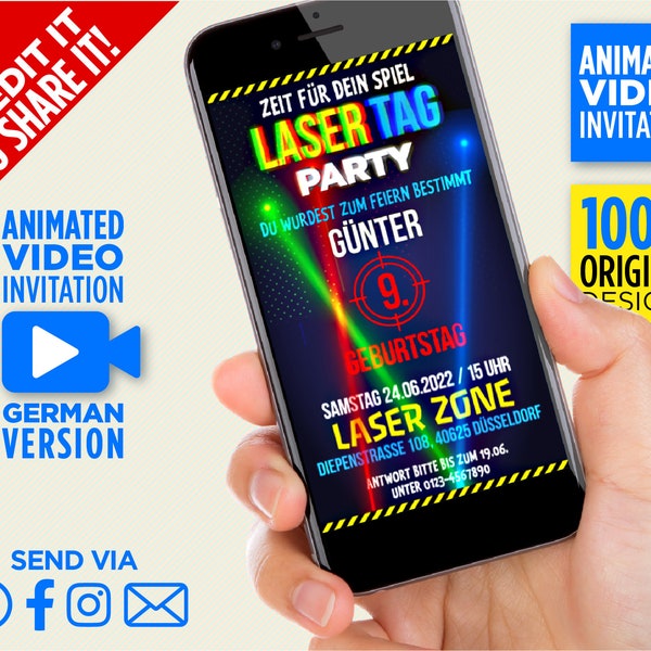 Deutsche Fassung, Video-Einladung zur Laser-Tag-Geburtstagsfeier, Laser Tag Birthday Party Video Invitation -We Edit It, You Share It-