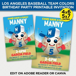 Los Angeles Baseball Team Colors Birthday Party Printable Invitation - LA Rookie Of The Year Template - EDIT With Adobe Reader Or Canva