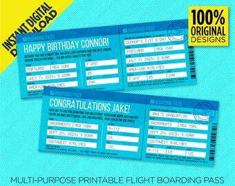 Multi-Purpose Airplane Boarding Pass Printable Ticket - Surprise Travel Gift Card - Blue Boarding Pass Template - EDIT YOURSELF At Home