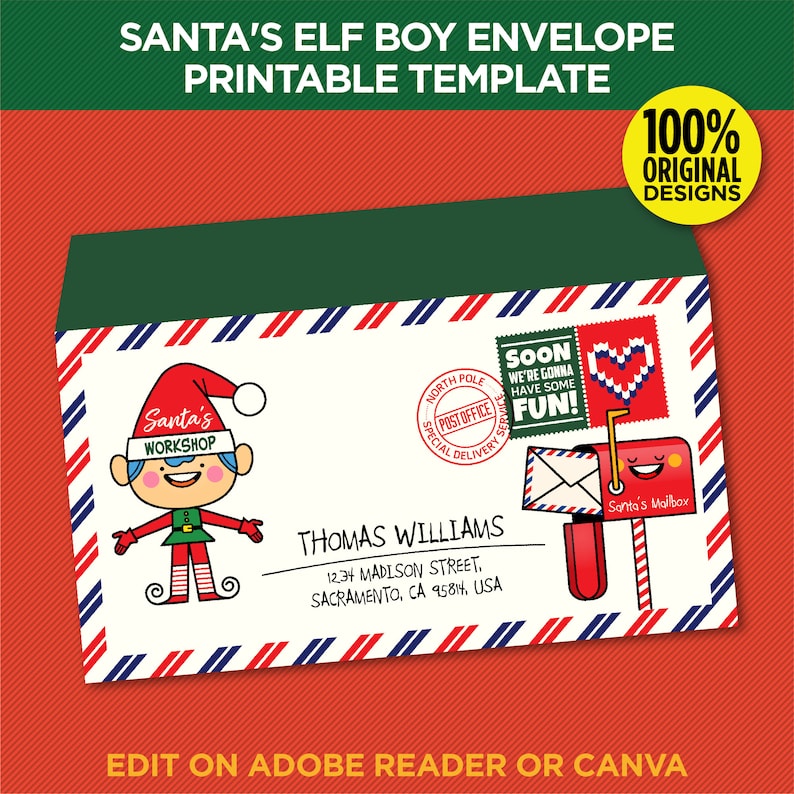 Puede incluir: Plantilla de sobre imprimible con un dibujo animado de un duende ni&ntilde;o con un gorro rojo y un traje verde, sosteniendo un cartel que dice "Santa's Workshop". El sobre tiene un borde rayado rojo, blanco y azul y un sello rojo con el texto "Soon we're gonna have some fun!" y un coraz&oacute;n. El sobre est&aacute; dirigido a "Thomas Williams, 1234 Madison Street, Sacramento, CA 95814, USA".