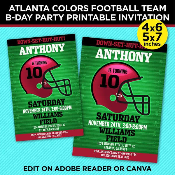 Atlanta Colors Football Team Birthday Party Printable Invitation - Red & Black Invite Template - EDIT Yourself With Adobe Reader Or Canva