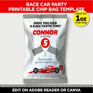 Race Car Party Printable Chip Bag, Ideal For 1oz Chip Bag Or Party Favor Bag | Racing Birthday Party Favor | EDIT With Adobe Reader Or Canva