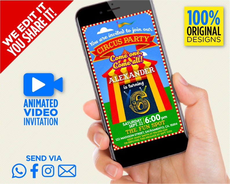 Circus Birthday Party Video Invitation Circus Party Evite We Edit It You Share It On WhatsApp Messenger Snapchat GroupMe Etc