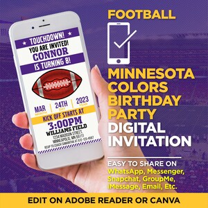 Minnesota Colors Football Team Birthday Party Digital Invitation | Purple & Gold Invite | EDIT With Adobe Reader Or Canva, Share On WhatsApp