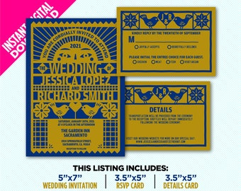 Wedding Invitation Papel Picado Style, 2 Different Color Options!- Includes RSVP Card And Details Card -Instant Digital Download-