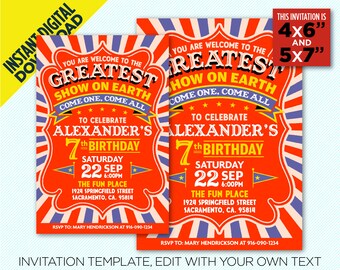 Red & Blue Circus Birthday Party Printable Invitation, Greatest Show On Earth, Circus Party, Instant Digital Download, Edit Yourself At Home