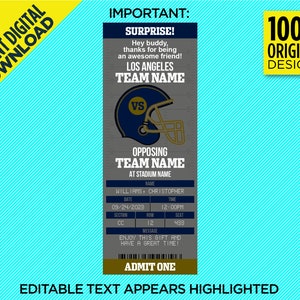 K&ouml;nnte beinhalten: Eine druckbare Ticketvorlage f&uuml;r ein American-Football-Spiel. Das Ticket ist grau mit blauen und goldenen Akzenten. Es steht "Surprise!" und "Los Angeles Team Name vs. Opposing Team Name at Stadium Name". Das Ticket enth&auml;lt auch ein Datum, eine Uhrzeit, einen Abschnitt, eine Reihe und eine Sitzplatznummer. Der Text "Editable Text Appears Highlighted" befindet sich am unteren Rand des Tickets.