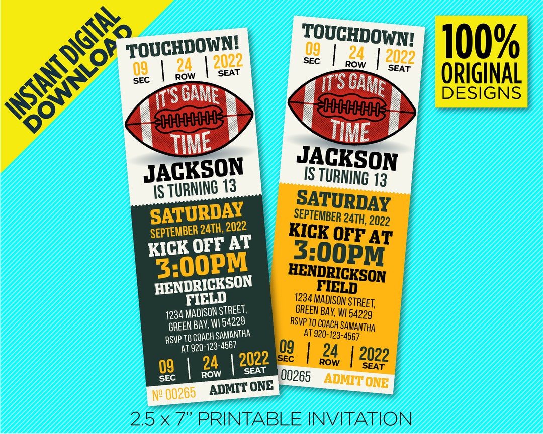 Green Bay Packers Birthday Party Printable Invitation, Packers Ticket ...