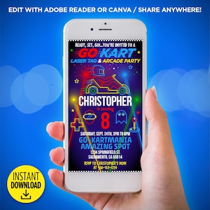 Go Kart, Laser Tag & Arcade Birthday Invitation | Editable Digital Party Invite Template for Boys and Girls | Easy to Share on Your Phone