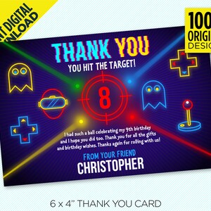 Laser Tag And Arcade Thank You Card, 6 x 4&quot; Laser Tag Birthday Party, Instant Digital Download, Edit Yourself At Home With Adobe Reader