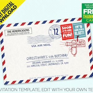 AirMail-Geburtstags-Party druckbare Einladung, enthält Danke-Postkarte, sofortiger Download, bearbeiten Sie selbst zu Hause