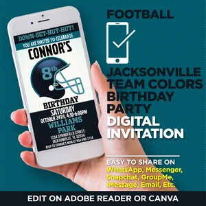Jacksonville Football Team Colors Birthday Party Digital Invitation - EDIT YOURSELF At Home With Adobe Reader Or Canva, Share On WhatsApp