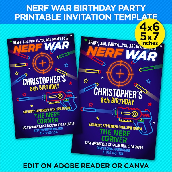 Nerf War Birthday Party Printable Invitation - Boys And Girls Dart Gun Party - EDIT YOURSELF At Home With Adobe Reader Or Canva