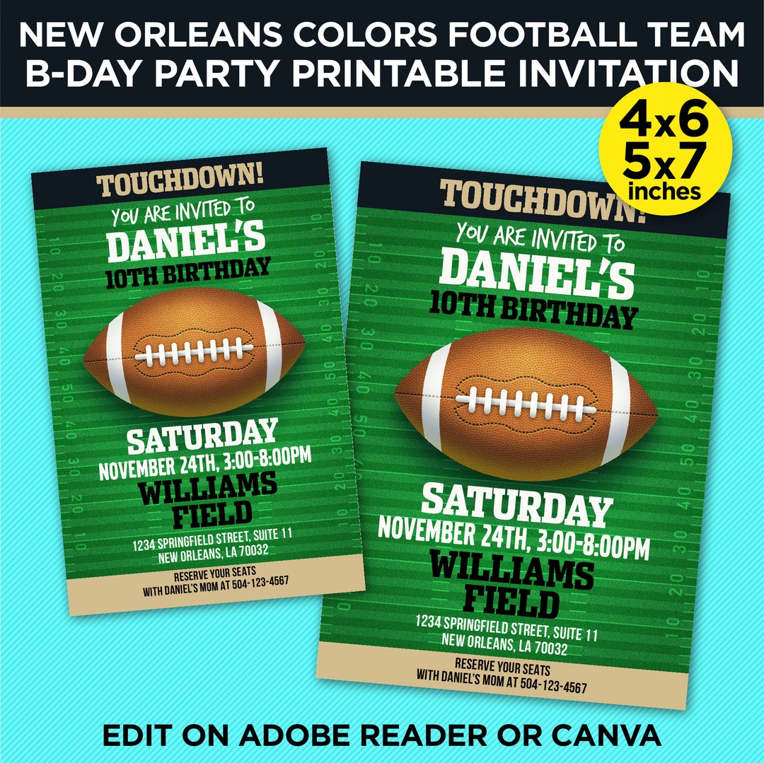 New Orleans Colors Football Team Birthday Party Printable Invitation ...