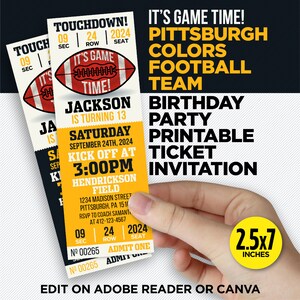 It's Game Time! - Pittsburgh Colors Football Team Birthday Party Printable Ticket Invitation - EDIT At Home With Adobe Reader Or Canva