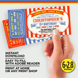 Circus Birthday Party Printable Ticket Invitation | Red & Blue Vintage Carnival Invitation | Instant Download | Edit With Adobe Reader