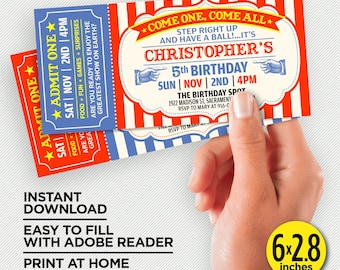 Zirkus-Geburtstags-Party druckbare Ticket-Einladung | Rot & Blaue Vintage Karnevalseinladung | Sofortdownload | Mit Adobe Reader bearbeiten