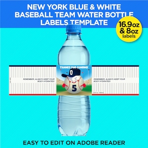 New York Baseball Team Party Water Bottle Labels - NY Blue & White Birthday Decoration - EDIT YOURSELF At Home With Adobe Reader