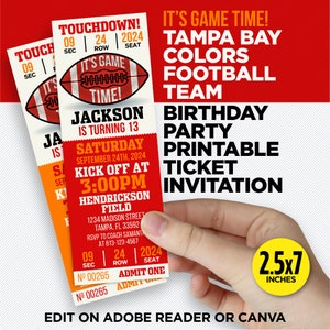 May include: Printable football ticket invitation for a birthday party. The ticket is red and orange with the text "Touchdown!" and "It's Game Time!" The ticket is for a party for Jackson who is turning 13. The party is on Saturday, September 24th, 2024 at 3:00 PM at Hendrickson Field. The ticket is 2.5 inches by 7 inches.