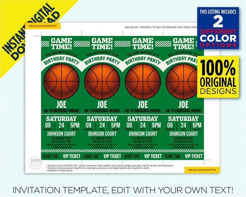 Boston Basketball Team Colors Printable Ticket Invitation Green & White Invite Template EDIT YOURSELF At Home With Adobe Reader Or Canva image 5