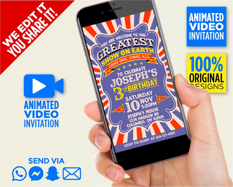 Blue Red Circus Birthday Party Video Invitation Carnival Party We Edit It You Share It on WhatsApp Messenger Snapchat GroupMe