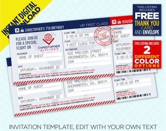 Blue & Red Boarding Pass Plane Party Thank You Cards Blue & Red Boarding Pass Plane Party Thank You Cards