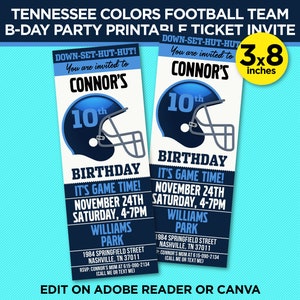 Tennessee Colors Football Team Birthday Party Printable Ticket Invitation - Navy & Blue Invite Template - EDIT With Adobe Reader Or Canva