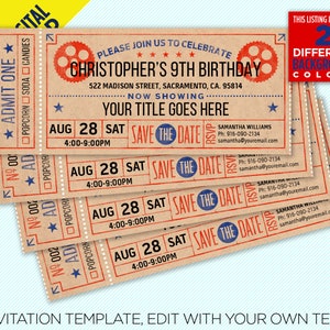 Movie Ticket Birthday Party Printable Invitation, Vintage Style, Movie Night Birthday Party, Edit Yourself At Home With Adobe Reader